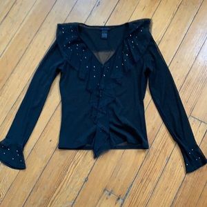 Y2K Limited mesh lace ruffle and bling snap closure shirt w bell cuffs EUC